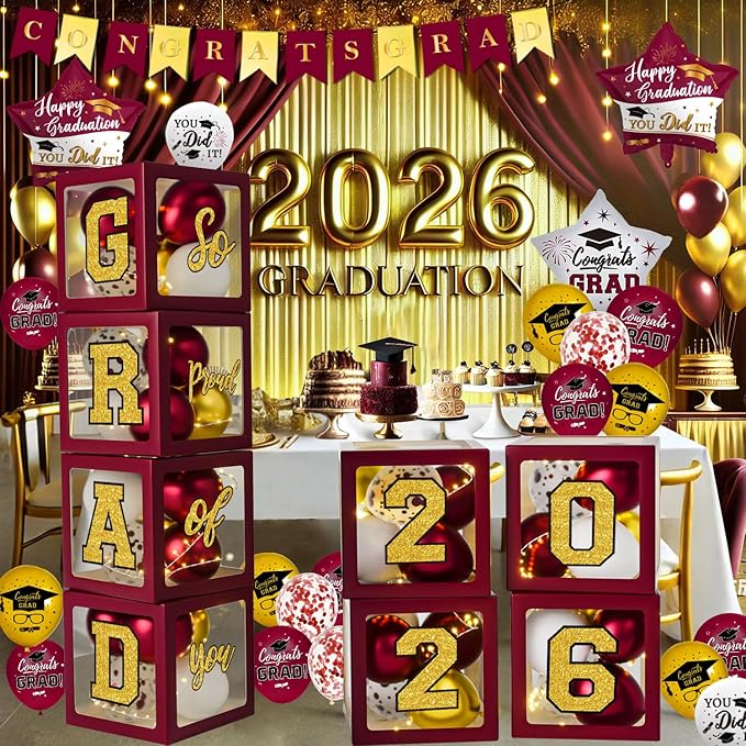 Graduation Decorations Class of 2026 - Maroon and Gold Graduation Decorations - Balloons Boxes with Letters 2026 GRAD So Proud of You, Congrats Grad Party Decorations for Any Grades