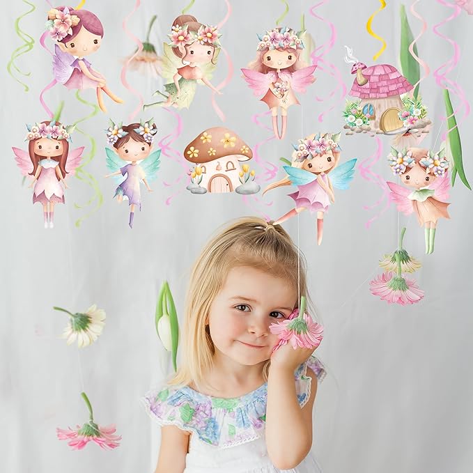 Fairy Hanging Swirls Fairy First Birthday Decorations 20Pcs Fairy Party Ceiling Streamer for Fairy Birthday Party Supplies Flower Fairy Baby Shower Supplies