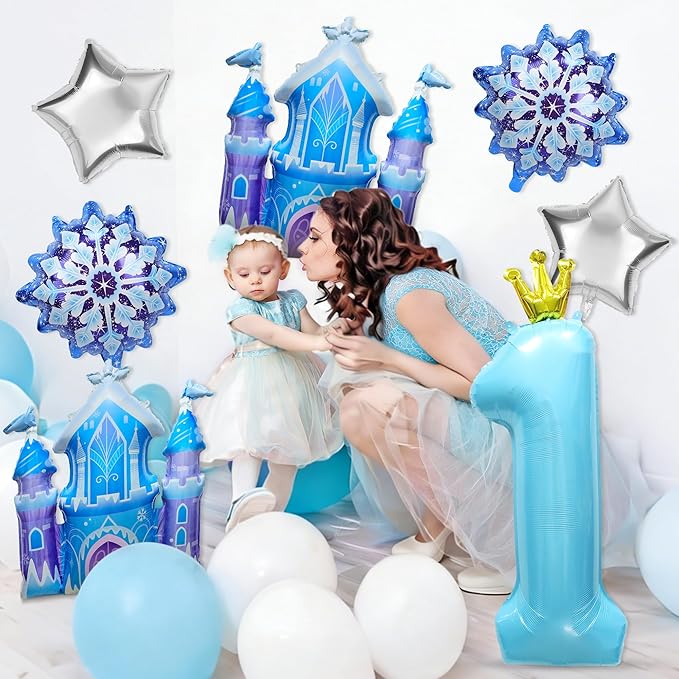 7Pcs 1st Birthday Party Decorations Balloons,Winter Snowflake Balloons Large Blue 40 Inch Number 1 Balloon Foil Star Castle Ballon for Birthday Party Favor Decor Supplies Winter Wonderland Decoration