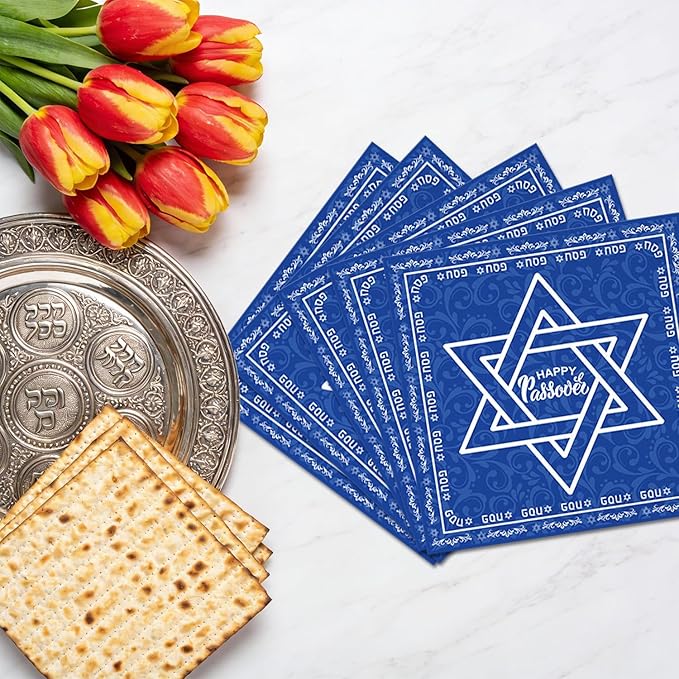 50Pcs Happy Passover Party Napkins Passover Seder Party Decorations Judaica Passover Theme Party Supplies Disposable Drink Luncheon Dinner Table Decor Supplies Napkins 6.5" x 6.5"