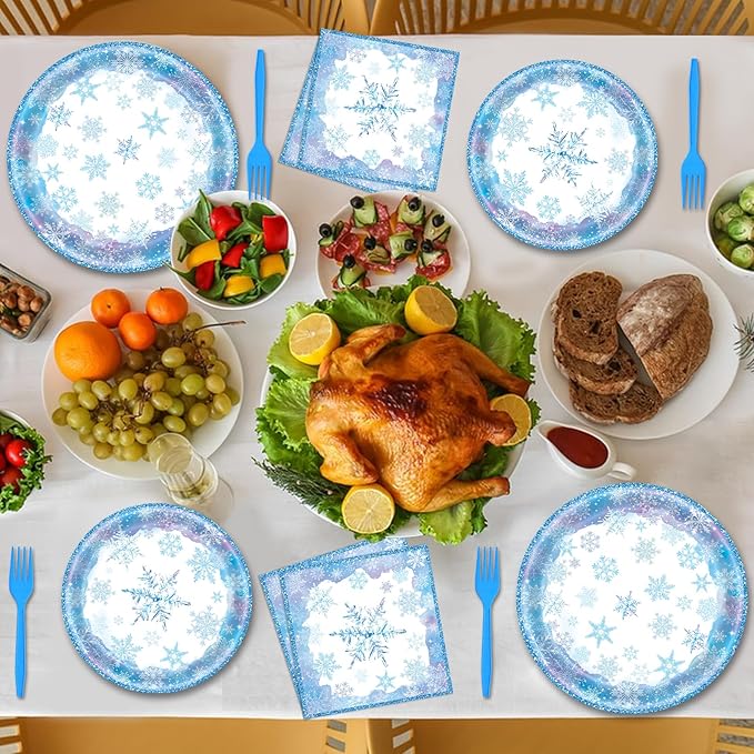 96 Pieces Snowflake Winter Tableware Set – Blue Disposable Plates, Napkins, and Forks for Frozen Birthday Parties, Christmas Dinners, Holiday Gatherings, and Winter Celebrations – Serves 24 Guests