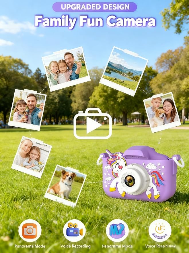 Kids Digital Camera Toy for Boys and Girls Aged 3-12, Unicorn 1080P Children's Camera, Christmas Birthday Gift, Toddler Digital Video Camera for Girls with 32GB SD Card/Reader (Purple)