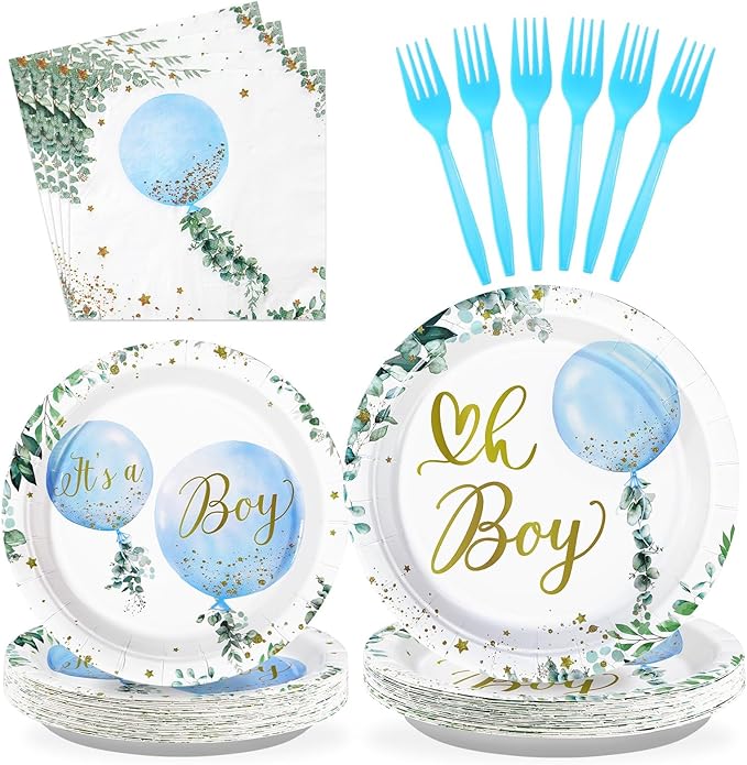 Grencian 96 PCS Boy Watercolor Blue Balloon Party Supplies Boys Plates and Napkins Disposable Greenery It's A Boy Baby Shower Tableware for Birthday Boys Baby Shower Decorations, Serves 24
