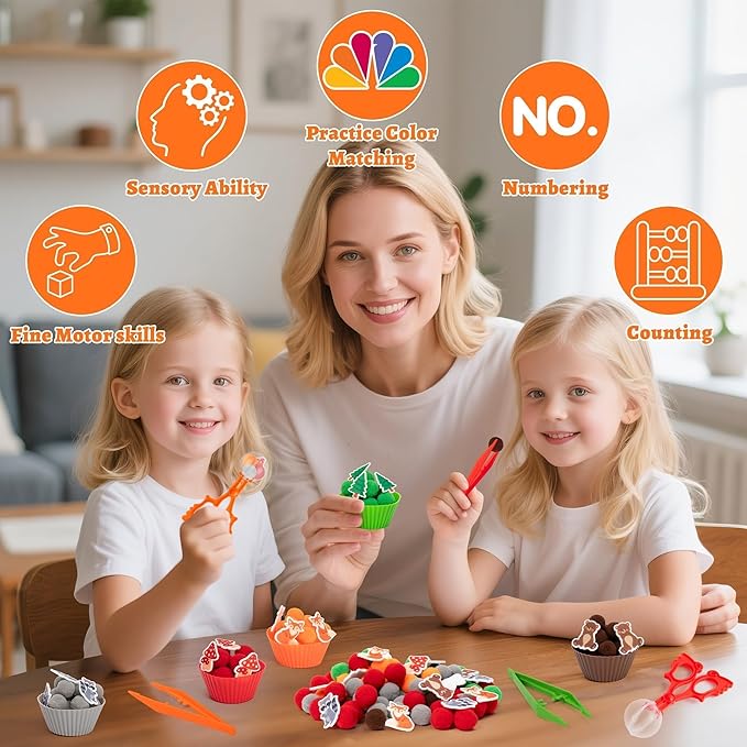 EZdhuawuse Woodland Animals Sensory Bin Fillers - 266Pcs Spring Animals Fine Motor Toys Sorting Stacking Toys for Kids, Felt Fox Bear Pom Poms Cup Clip for Preschool Education Development Activity