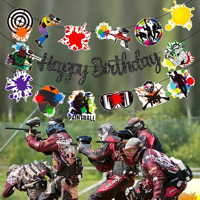 Paintball Happy Birthday Banner Glitter Black Paintball Birthday Party Decorations 2PCS Paintball Themed Shooting Game Banner Decor for Paint Ball Splatter Splash Party Supplies