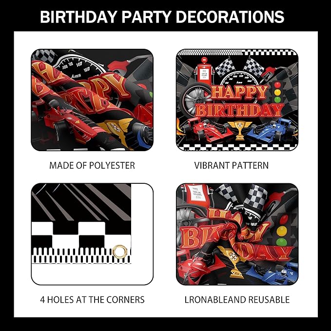 Happy Birthday Decorations For Women Men,Birthday Backdrop,Banner Balloons,Table Cloth,Paper pom poms Party Supplies for Girls Boys (Race car)
