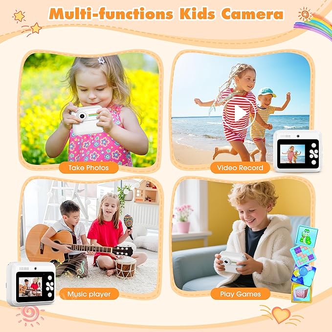 Kids Camera Instant Photo Printing,HD Digital Video dual Cameras for Toddler,Kids Digital Camera That Print Photos Christmas Birthday Gift for Boys and Girls with 32GB SD & 3 Rolls Print Paper (White)