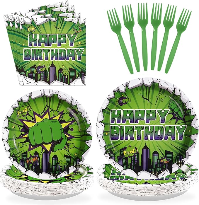 96Pcs Green Hero Birthday Party Supplies Super Green Hero Birthday Plates and Napkins Cityscape Super Bang Cartoon Movie Themed Tableware Set for Kids Boys Party Supplies，Serves 24