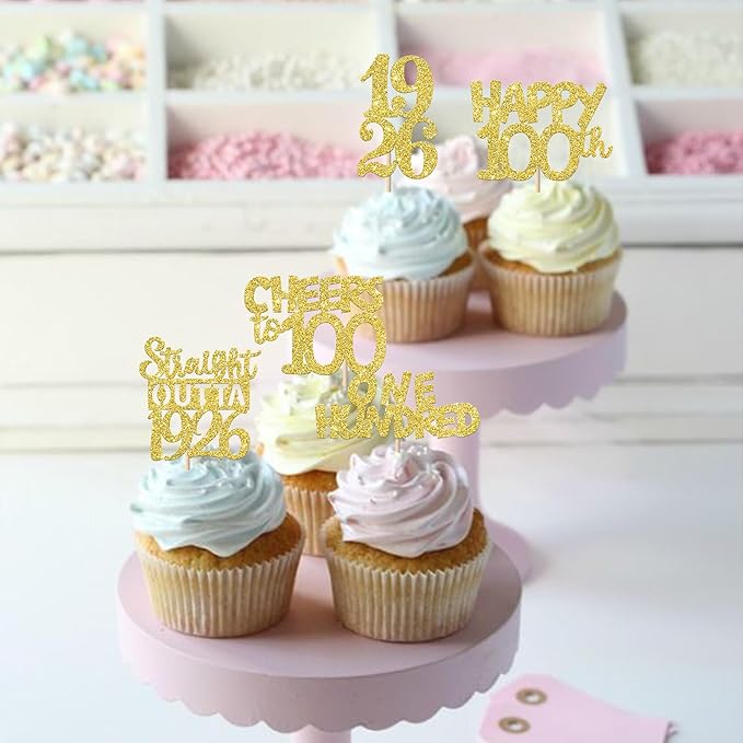 30PCS Happy 100th Birthday Cupcake Toppers Gold Glitter One Hundred Years Straight Outta 1926 Cupcake Picks 100 Fabulous Cake Decorations for 100th Birthday Anniversary Party Decoration Supplies