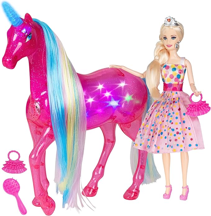 BETTINA My Dreamy Unicorn and Princess Doll Playset, Large Size Unicorn Toys with Magical Rainbow Lights & Realistic Horse Sounds, Ideal Unicorn Gifts Horse Play Set for Girls 3-9