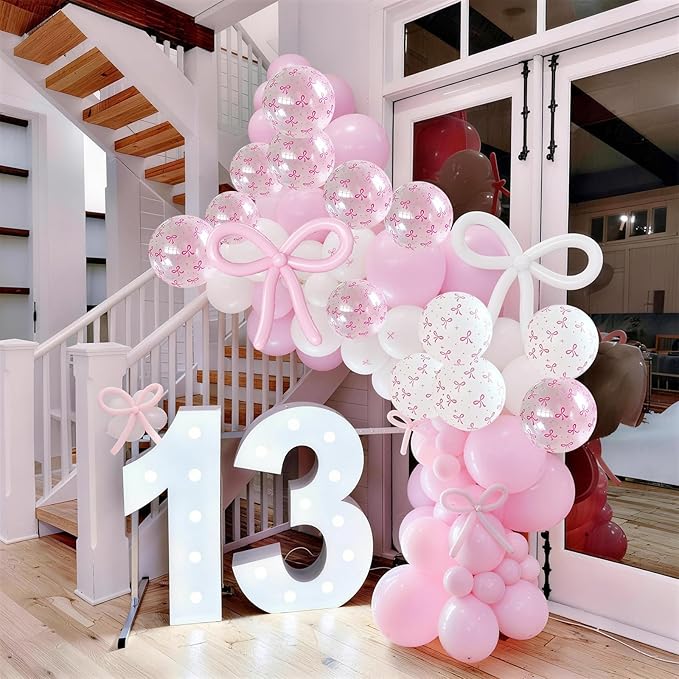 Pink Bow Balloons, 62Pcs Pastel Light Pink Clear White Bow Latex Balloons, 12Inch Transparent Bowknot Print Helium Balloon for Girls Women Princess Coquette Birthday Wedding Bridal Baby Shower Party
