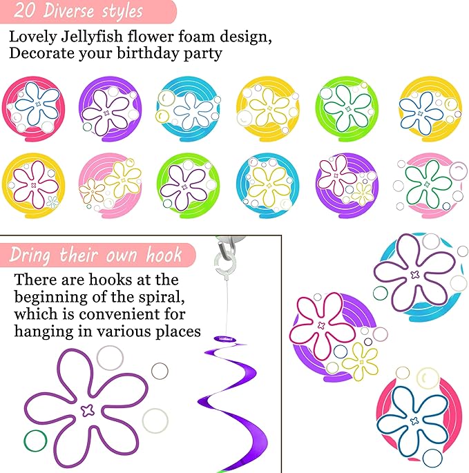 20pcs Jellyfish Flower Party Hanging Swirls Under The Sea Birthday Party Decorations Jellyfish Bubble Theme Ceiling Swirl Streamers for Yellow Cartoon Party Ocean Theme Baby Shower Supplies