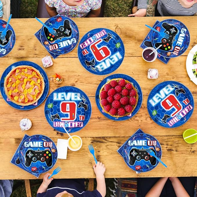96Pcs 9th Video Game Birthday Party Decorations Blue Video Game Level 9 Birthday Plates and Napkins Tableware Sets for Kids Boys 9 Years Old Gamer Gaming Party Favors Serves 24