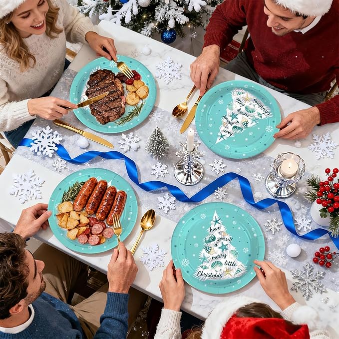 50Pcs Blue Beach Christmas Paper Plates 10" Large Disposable 400 GSM Heavy Duty Plates Xmas Tree Coastal Style Dessert Platters for Merry Christmas Xmas Festive Theme Party Supplies