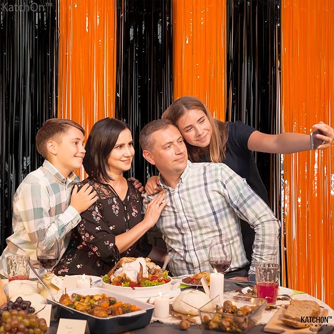 KatchOn, Black and Orange Foil Fringe Curtain - XtraLarge 3.2x8 Feet, Pack of 2 | Orange and Black Streamers, Halloween Decorations | Fringe Backdrop Curtain for Birthday, Basketball Party Decorations