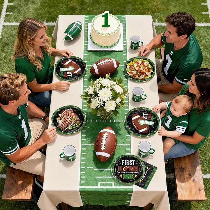 Grencian 96Pcs Football Party Decorations First Down Football Birthday Party Plates Disposable 350GSM Football Paper Tableware Set for Gameday Boys 1st Football Birthday Party, Serves 24