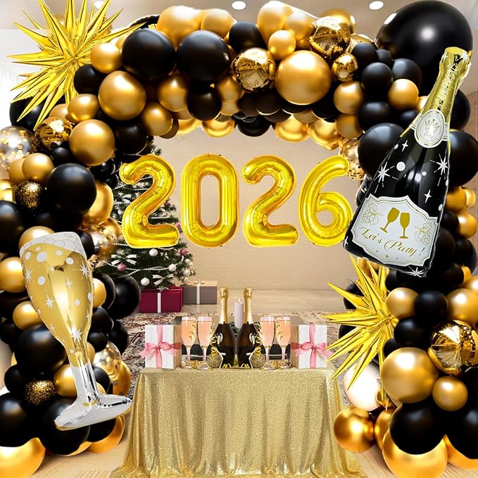 4 Pcs Champagne Balloons, Huge Black Gold Champagne Bottle Goblet Aluminum Foil Balloons for Birthday, Bachelorette, Graduation, Anniversary, 2026 New Years Eve Party Decorations Supplies
