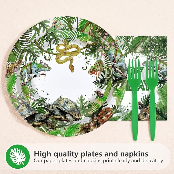 96Pcs Reptile Birthday Party Supplies Lizard Snake Turtle Birthday Party Plates and Napkins Green Reptile Wild Tableware Set for Tropical Wild Greenery Favors Serves 24