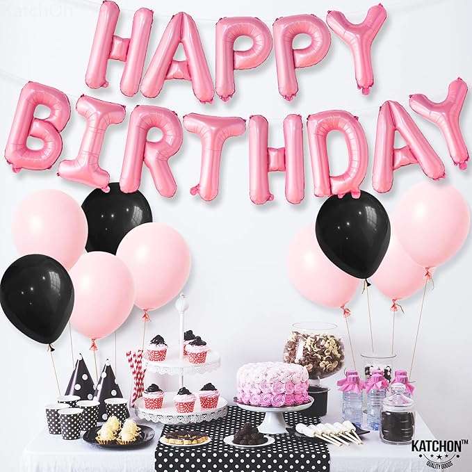 KatchOn, Pink Happy Birthday Balloons Banner - 16 Inch | Happy Birthday Sign | Pink Birthday Decorations | Birthday Balloons Letters | Banner for Happy Bday Decorations