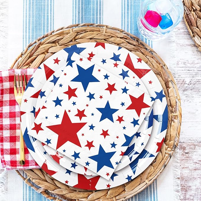 Whaline 96Pcs Patriotic Party Tableware Set with Paper Plate Napkin Cup Red Blue Star 4th of July Disposable Dinnerware for 24 Guests Independence Day Party Table Decor