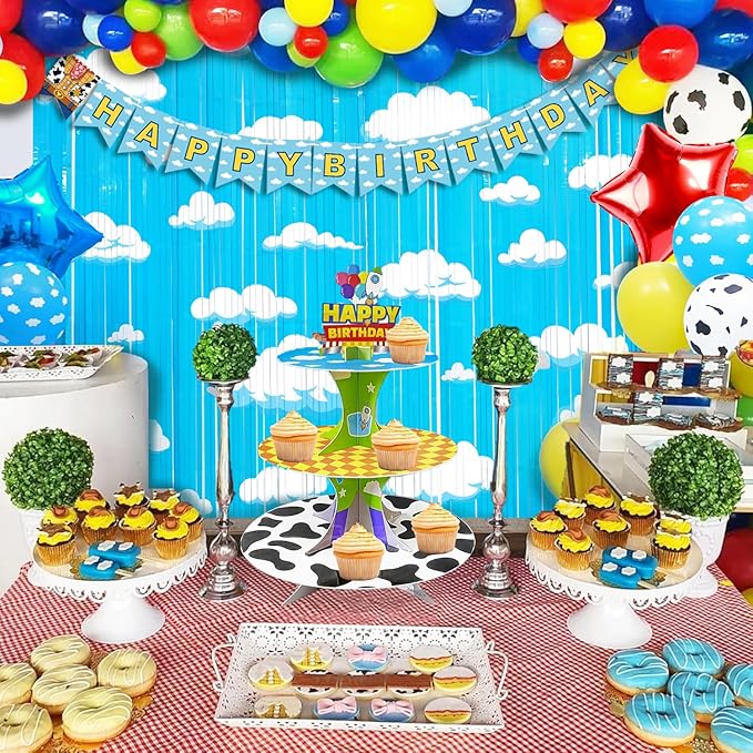 Cartoon Toy Inspired Story Birthday Party Decoration, Including 2Pack Blue Sky White Cloud Streamers, 27pcs Toy Themed Balloons & 1pcs Toy Birthday Banner for Cartoon Toy Party Photo Backdrop Supplies