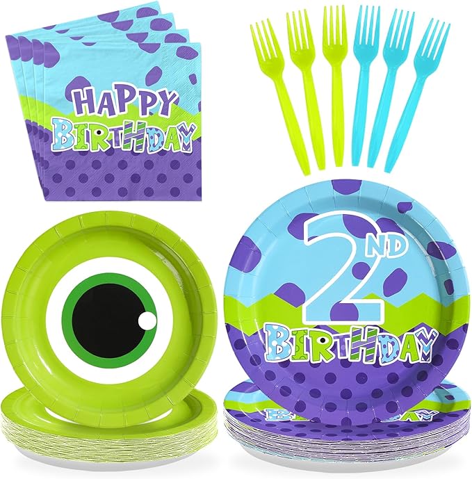 96Pcs Monster Birthday Party Supplies 2nd Monster Theme Party Plates and Napkins Disposable Green and Purple Cartoon Tableware Set for Kids 2nd Birthday Baby Shower Decorations Serves 24