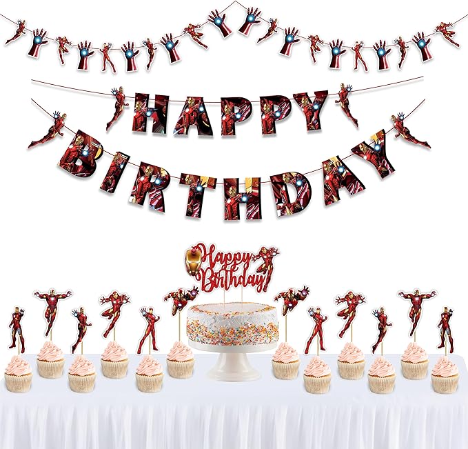 "Irn Man Theme Birthday Party Supplies – Superhero Party Decorations for Boys Girls – Includes Happy Birthday Banner, Cake Topper, Cupcake Picks, Garland, and Party Table Décor for Fans"