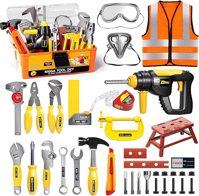 Deejoy Kids Tool Set with Electronic Toy Drill & Construction Vest - Pretend Play Toys for 3 4 5 6 Year Old Boys, ABS Plastic Repair Toolkit with Large Storage Box(Orange)