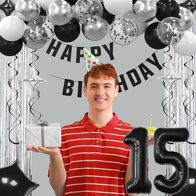 15th Birthday Decorations for Boys Girls, Silvery and Black Happy 15th Birthday Banner ,Number 15 Balloons Arch Kit for 15 year old Birthday Party Decorations