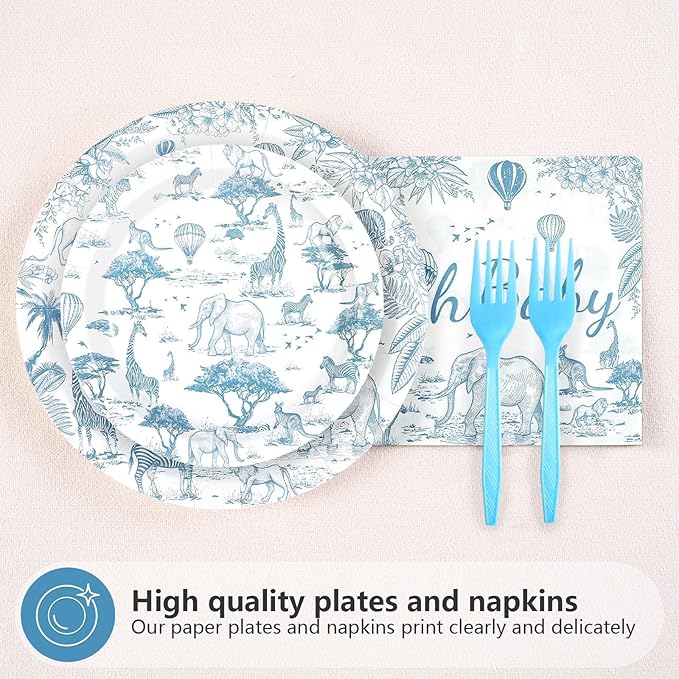 96Pcs Blue Safari Animals Baby Shower Decorations Toile De Jouy Plates and Napkins Baby is on The Way Tableware for Chinoiserie Baby Shower Gender Reveal Party Supplies Serves 24