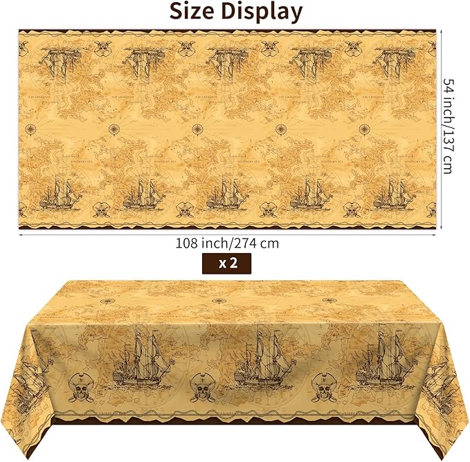 durony 2 Pack Pirate Party Tablecloth Plastic Treasure Map Tablecover Disposable Pirate Table Covers Nautical Party Supplies for Treasure Theme Birthday Decorations