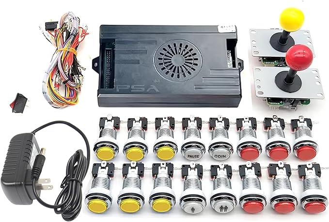 9800 in 1 Game System Kit Saga with Sliver LED Arcade Buttons 5 Pin 8 Way Joystick, VGA, HDMI Compatible, High Score Record, 3D Games HD 1280x720P Output, DIY Home Video Game (Red and Yellow)