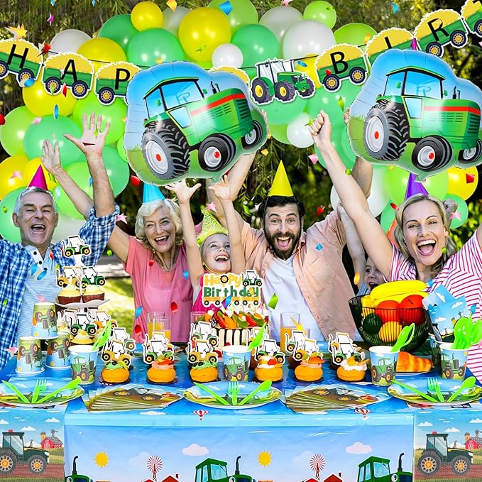 Farm Green Tractor Birthday Party Supplies, Tractor Birthday Decorations with Tractors Balloons, Backdrop, Tablecloth, Banner, Cake Toppers, John Deere Party Supplies Plates Napkins