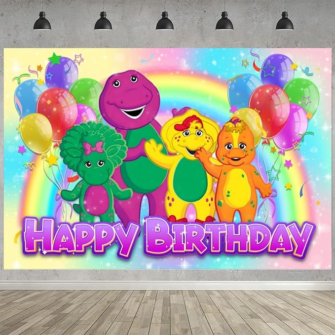 𝓑𝓪𝓻𝓷𝓮𝔂 Birthday Party Decoration, Photo Background 5 x 3 FT, 18 Pcs Balloons, 𝓑𝓪𝓻𝓷𝓮𝔂 Merch Party Backdrop Supplies