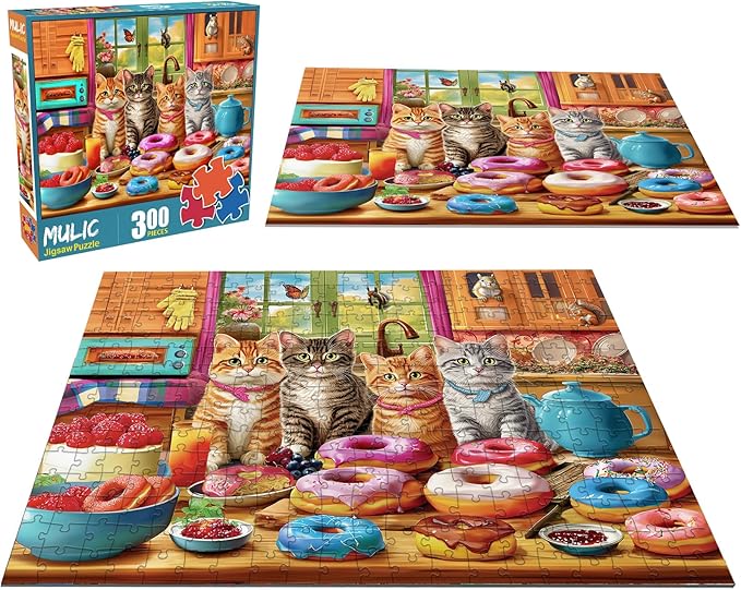 300 Piece Puzzles for Kids Boys Girls Ages 6-8 8-10 10-12 - Jigsaw Puzzles for Adults - Kitchen Kittens and Donuts