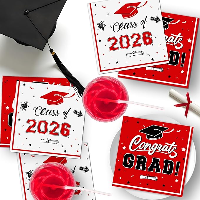 50 Pcs Graduation Napkins Decorations - Red Class of 2026 Congrats GRAD 3-Ply Paper Cocktail Dinner Napkins Set for 2026 Graduation Party Supplies Table Decor Favors, 6.5 x 6.5 Inch
