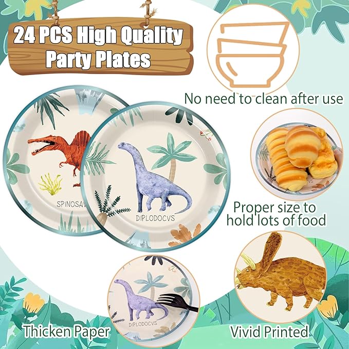 60 PCS Dinosaur Theme Birthday Party Paper Plates Dinosaur Birthday Decorations 7 Inch Dino Design Paper Dessert Plates Colorful Watercolor Dino Plate for Kids Summer Party Baby Shower Supplies