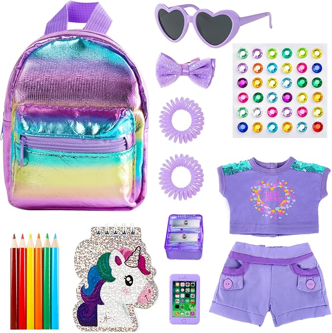 18 Inch Girl Doll Clothes and Accessories School Supplies Playset with Clothes Set, School Bags, Sunglasses, Pencils, Pencil Sharpener, Notebooks, Phone, Hair Clip, Stickers （No Dolls）