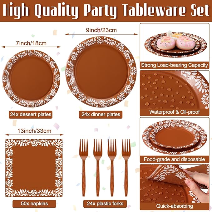 122 Pcs Brown Cielito Lindo Baby Shower Decoration Platos De Barro Mexicanos Fiesta Talavera Paper Plates Mexican Napkins Forks Tableware Set for Birthday Weeding Party Supplies, Serve 24
