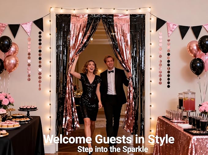3 Packs Black and Rose Gold Foil Fringe Curtains, Birthday Party Decorations Backdrop Tinsel Steamer, Wedding Engagement Bridal Shower Decorations Retirement Decor Graduation Party Backdrop