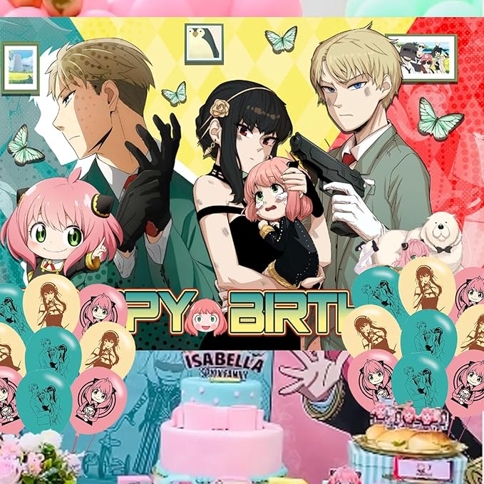 Spy Family Birthday Party Decoration,Anime Party Photo Background 5 x 3 FT and 18 Pcs Balloon,Anime Merch Party Backdrop Supplies