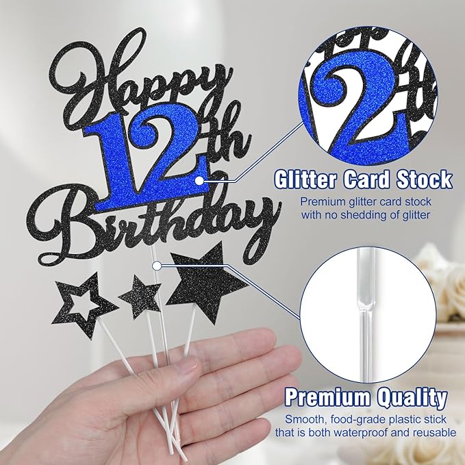 12th Birthday Cake Topper, Black Blue Happy 12th Birthday Cake Toppers for Boy Girl, 12 Years Old Birthday Party Supplies, Glitter Cake Decor, 12th Birthday Cake Decorations
