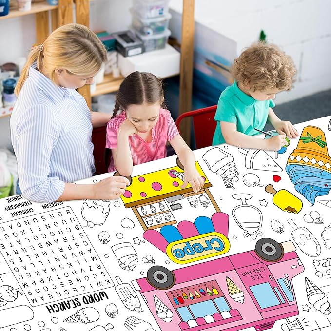Ice Cream Giant Coloring Poster for Kids Summer Large Coloring Tablecloth Big Paper Sheets Page Sweet Theme Table Cloth DIY Activity Game Art Crafts Mat Wall Home Party Decoration Supplies