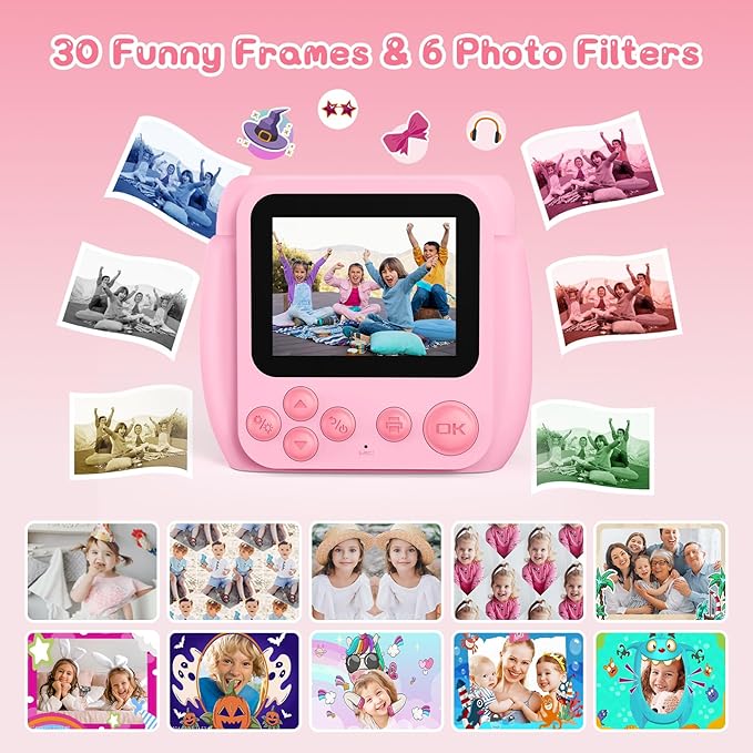 Kids Camera Instant Print, Birthday Gifts for Girls Boys with 3 Rolls Print Paper & 32GB Card, 48MP Toddler Digital Camera 1080P HD Video Toys Cameras for Kids 3-12, Pink
