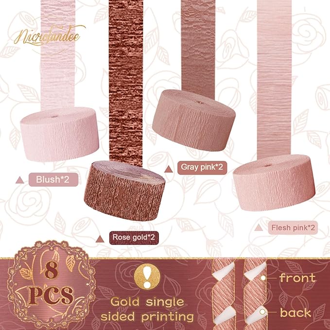 NICROLANDEE Wedding Party Supplies - 8 Rolls Rose Gold Crepe Paper Streamers Tassels Streamer Paper for Wedding Valentine's Day Birthday Baby Bridal Shower Family Gathering Decorations, 82ft Long