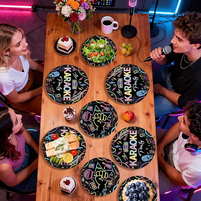 96Pcs Karaoke Party Supplies Music Disco Microphone Plates and Napkins Karaoke Night Neon Music Theme Tableware Set for Popular Singer Social Media Birthday Party Decorations Serves 24