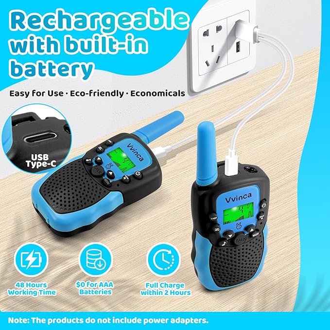 Vvinca Kids Walkie Talkies 4-Packs with 2 Dinosaur and 2 Rechargeable Long Range Walkie Talkies with Flashlight for Boys Girls Age 3-12 Ultimate Outdoor Adventure Gift Set