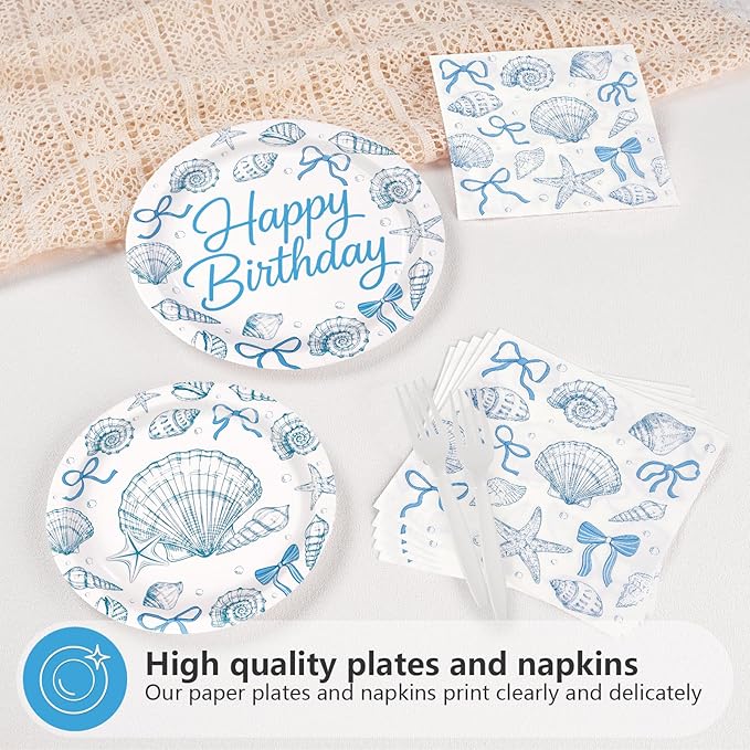 96Pcs Seashell Birthday Party Decorations Blue Bow Seashell Ocean Dessert Plates and Napkins Beach Starfish Tableware Set for Summer Kids Girls Boys Birthday Party Supplies Serves 24
