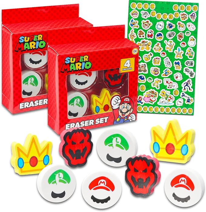 Super Mario Bros Party Favor Set - Bundle with 8 Super Mario Erasers Featuring Mario, Luigi, Bowser, Princess Peach Plus Mario Stickers | Mario Party Supplies Kit for Kids, Boys, Girls