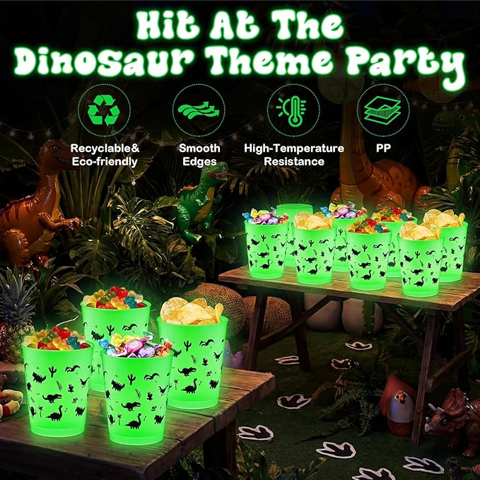 48 Pcs Glow in Dark Dinosaur Cups for Party Favors 12 oz Dinosaur Reusable Plastic Cups Bulk Dino Frosted Tumblers Gifts for Dino Themed Birthday Party Supplies Glow in The Dark Decorations
